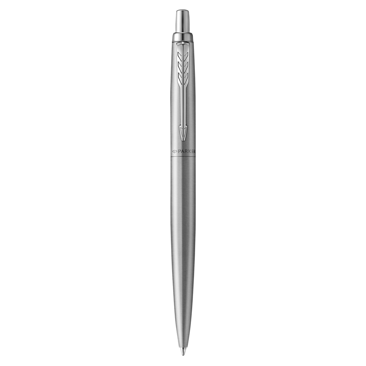 Parker Jotter XL Monochrome in brushed stainless steel standing upright, steel clip and click top, white background