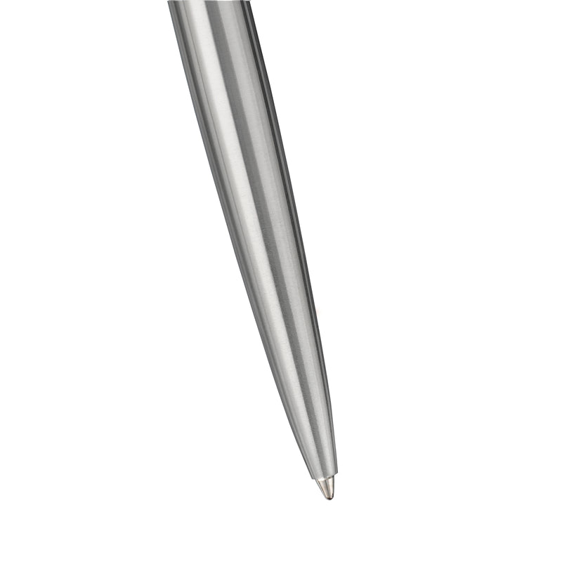 Close-up of the stainless steel Jotter XL barrel narrowing to the ballpoint tip