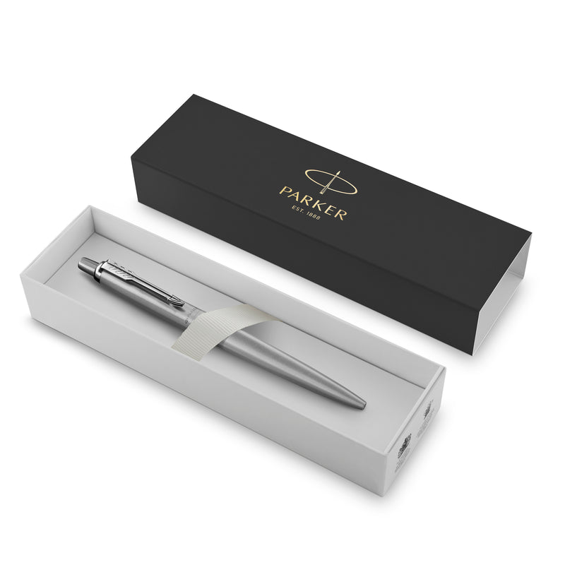 Stainless steel Jotter XL Monochrome in an open black Parker gift box with a white tray