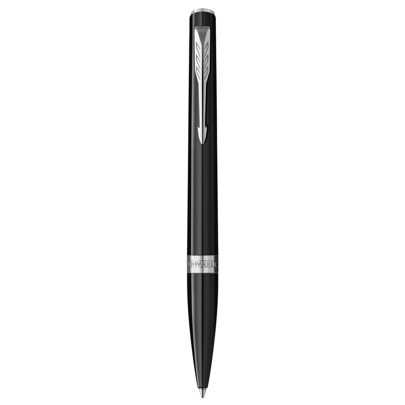 Parker Meridian ballpoint pen in black lacquer with chrome trims standing upright, showing the arrow clip, centre band and medium tip