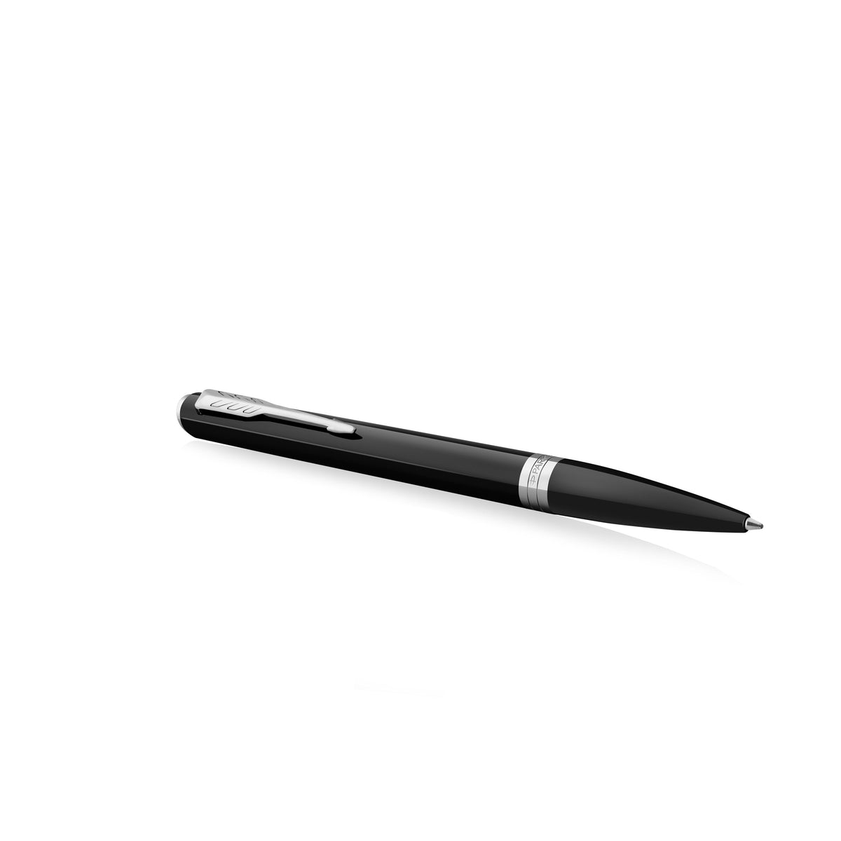 Black Meridian ballpoint lying at an angle with the arrow clip on top and the chrome coating centre band visible