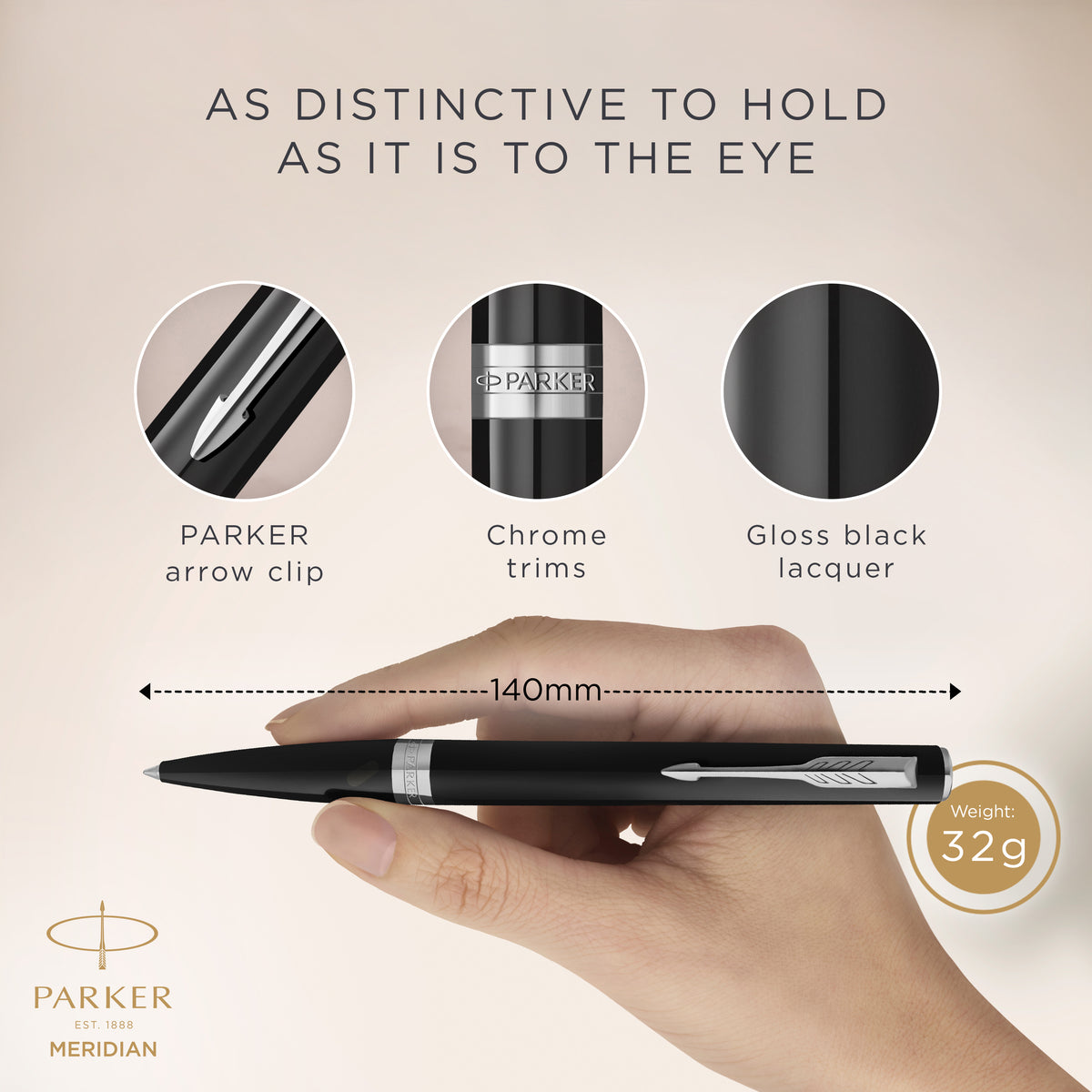 Hand holding the black Meridian ballpoint with close-ups of the PARKER arrow clip, chrome trims and black lacquer, marked 140 mm long and 32 g