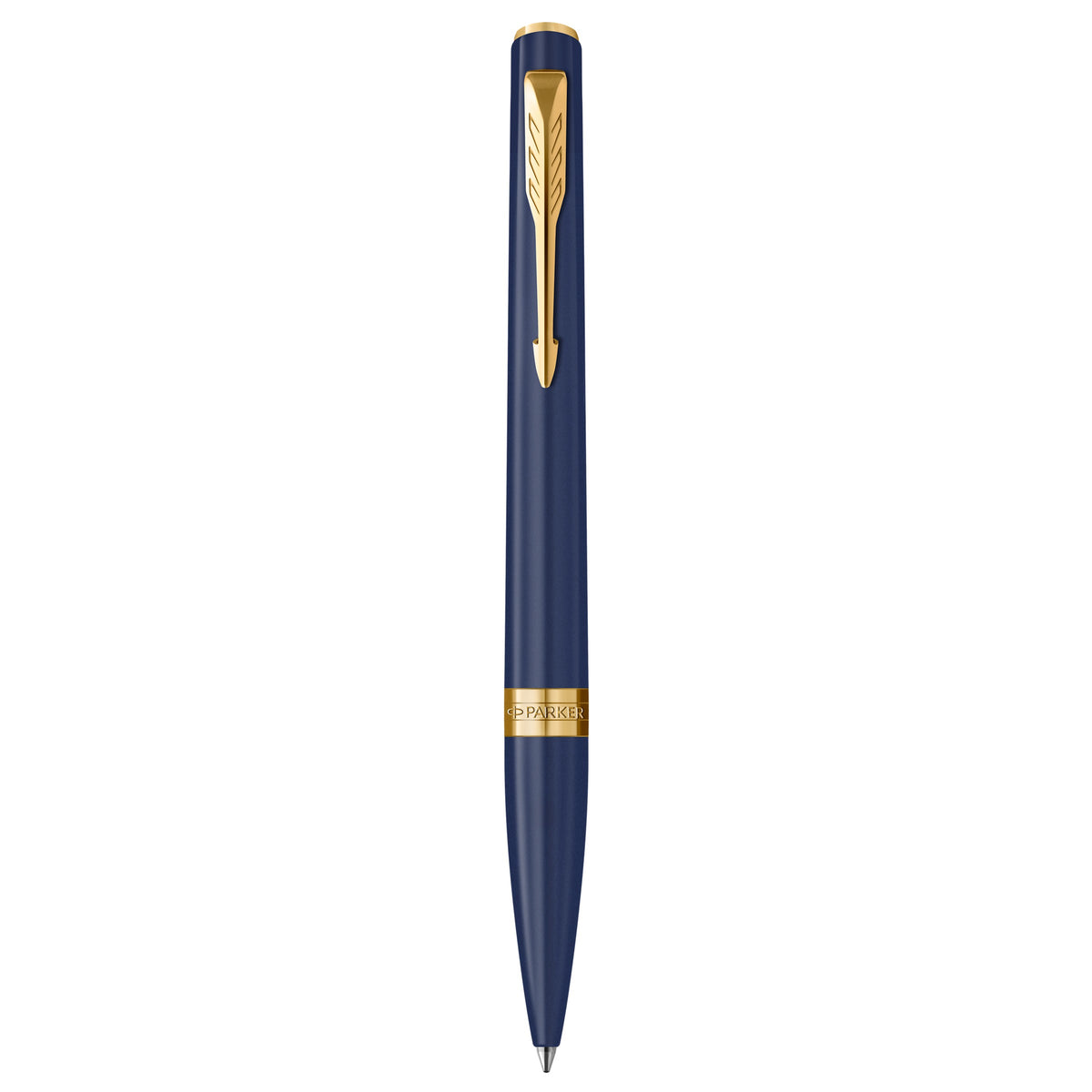 Parker Meridian ballpoint pen in blue lacquer with gold trims standing upright, showing the arrow clip, centre band and medium tip
