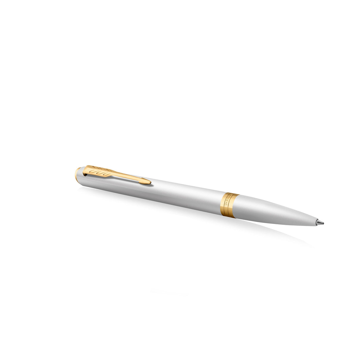 Chrome Meridian ballpoint lying at an angle with the arrow clip on top and the gold PVD centre band visible