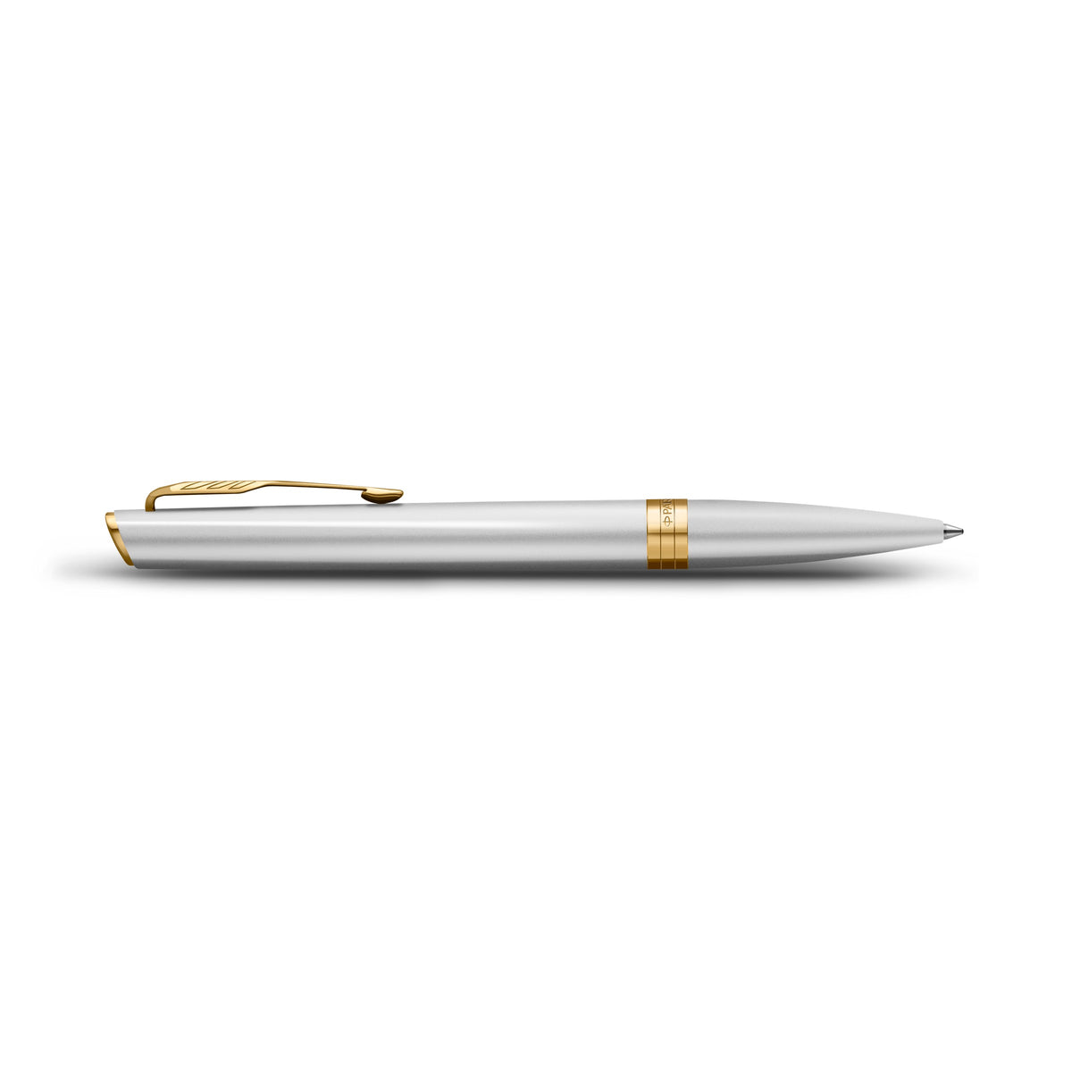 Side view of the chrome Meridian ballpoint lying flat, showing the clip profile, centre band and tapered tip