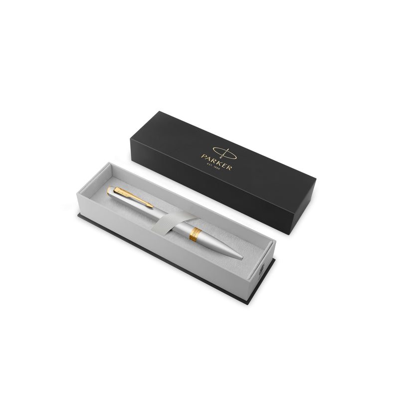 Chrome Meridian ballpoint resting in an open black Parker gift box with a grey insert, lid standing behind