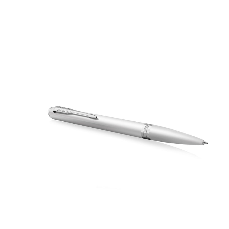 Chrome Meridian ballpoint lying at an angle with the arrow clip on top and the chrome coating centre band visible