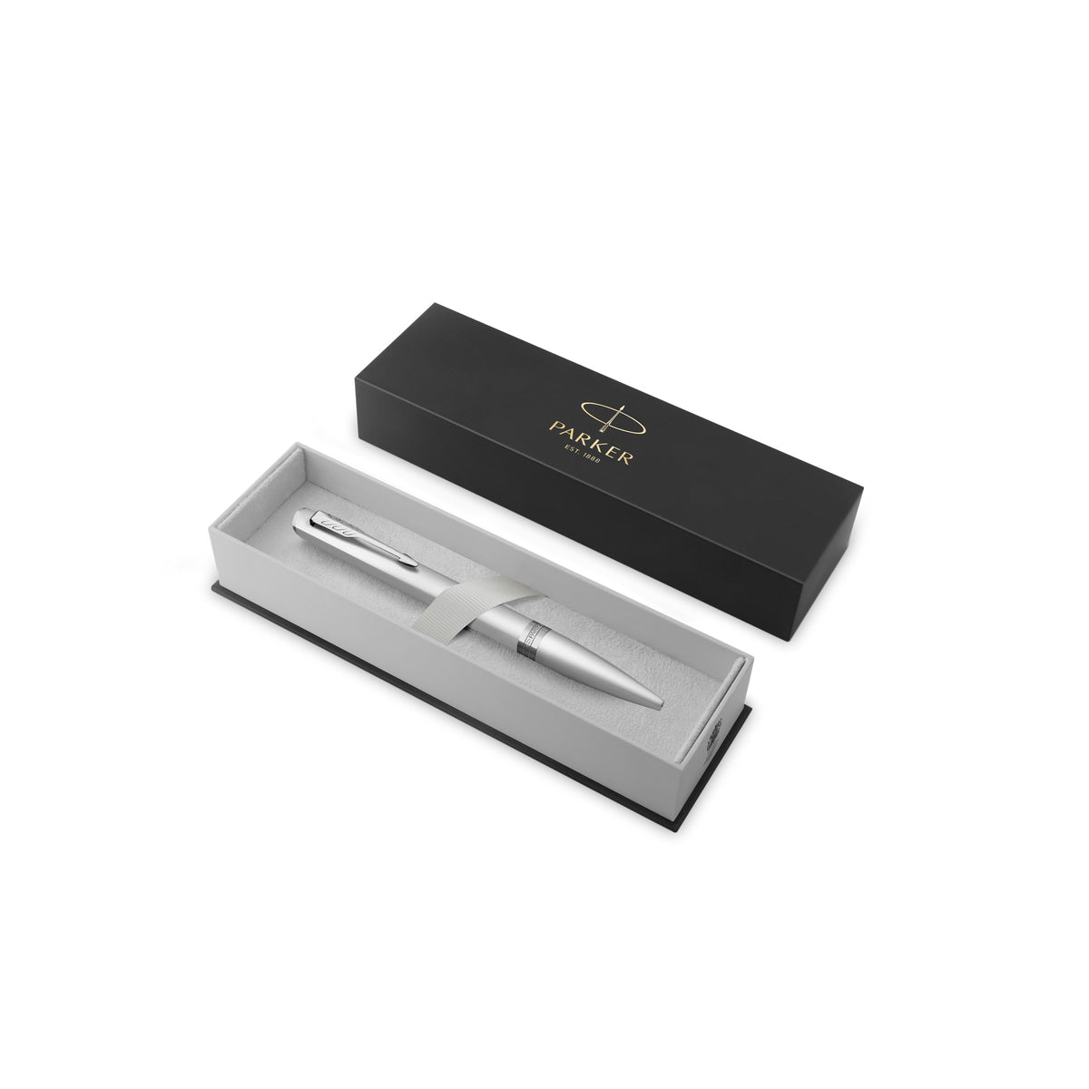 Chrome Meridian ballpoint resting in an open black Parker gift box with a grey insert, lid standing behind