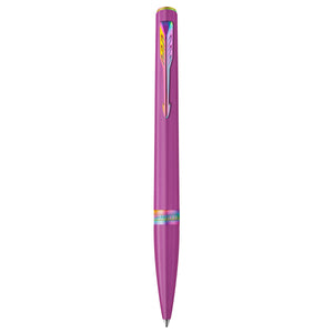 Parker Meridian ballpoint pen in grape lacquer with rainbow trims standing upright, showing the arrow clip, centre band and medium tip