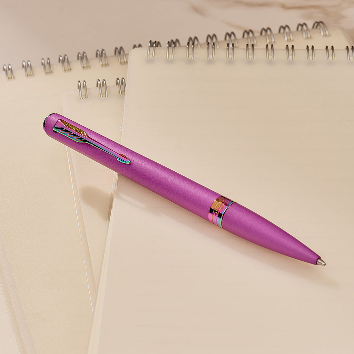 Grape Meridian ballpoint in a styled desk setting, showing the rainbow clip and centre band