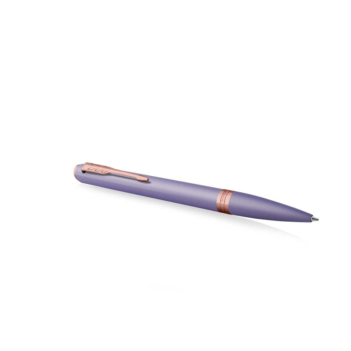 Lilac Meridian ballpoint lying at an angle with the arrow clip on top and the pink gold PVD centre band visible