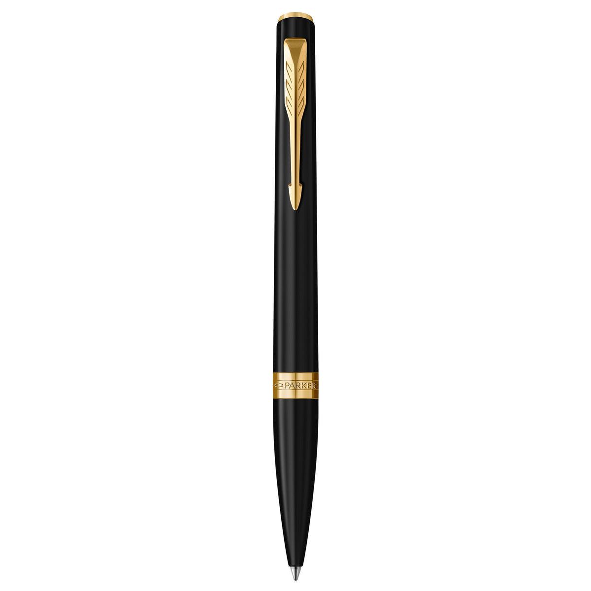 Parker Meridian ballpoint pen in matte black lacquer with gold trims standing upright, showing the arrow clip, centre band and medium tip