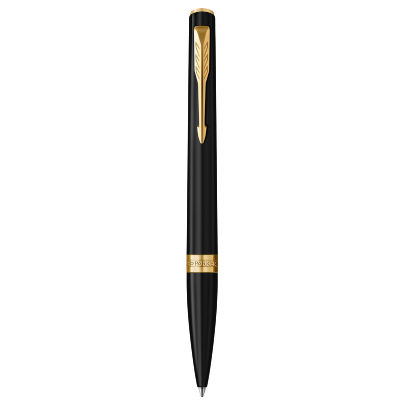 Parker Meridian ballpoint pen in matte black lacquer with gold trims standing upright, showing the arrow clip, centre band and medium tip