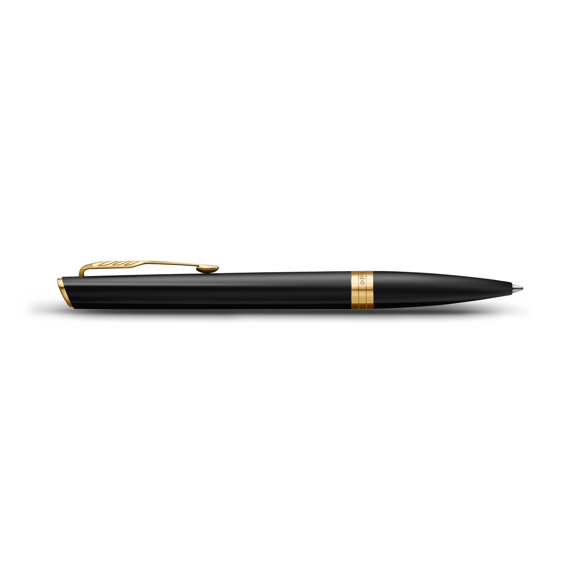 Side view of the matte black Meridian ballpoint lying flat, showing the clip profile, centre band and tapered tip