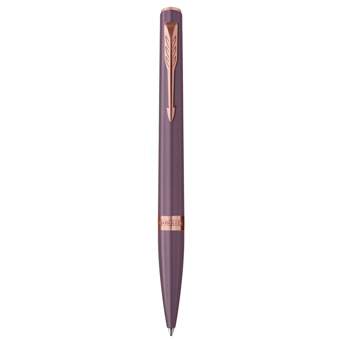 Parker Meridian ballpoint pen in purple lacquer with pink gold trims standing upright, showing the arrow clip, centre band and medium tip