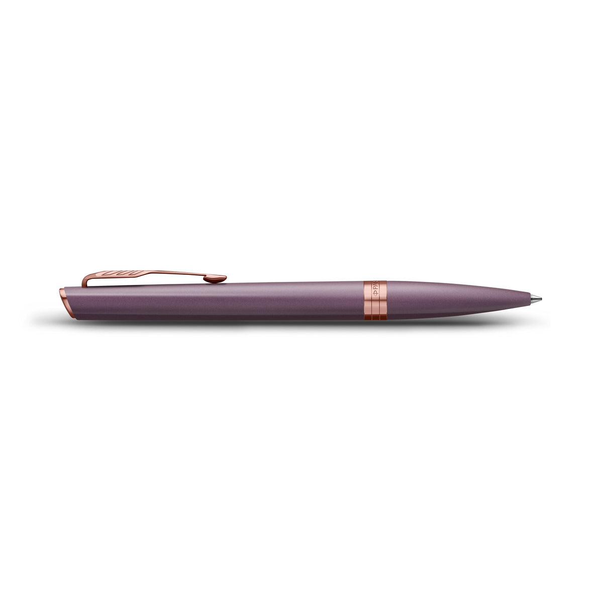 Side view of the purple Meridian ballpoint lying flat, showing the clip profile, centre band and tapered tip