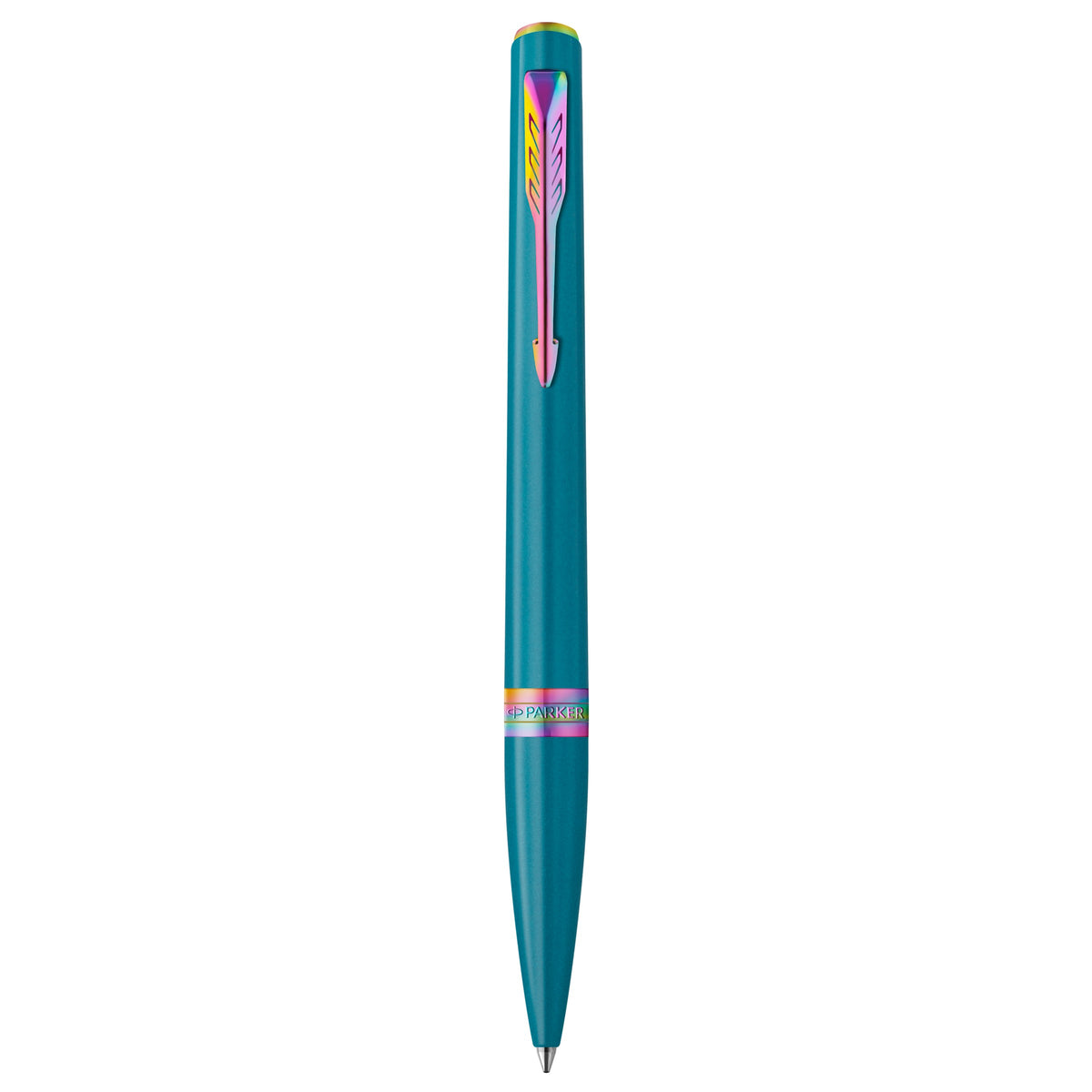 Parker Meridian ballpoint pen in teal lacquer with rainbow trims standing upright, showing the arrow clip, centre band and medium tip