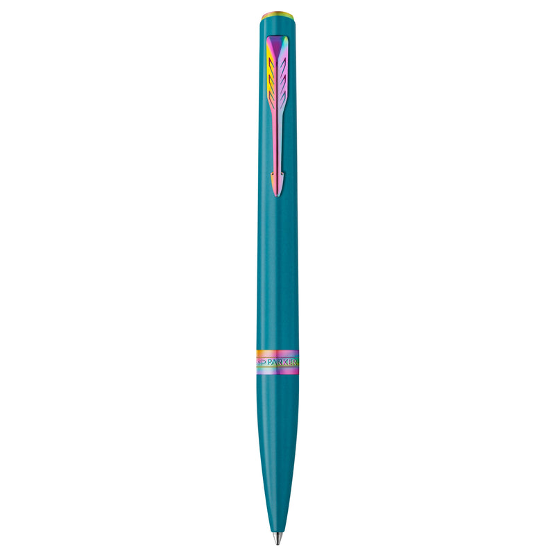 Parker Meridian ballpoint pen in teal lacquer with rainbow trims standing upright, showing the arrow clip, centre band and medium tip