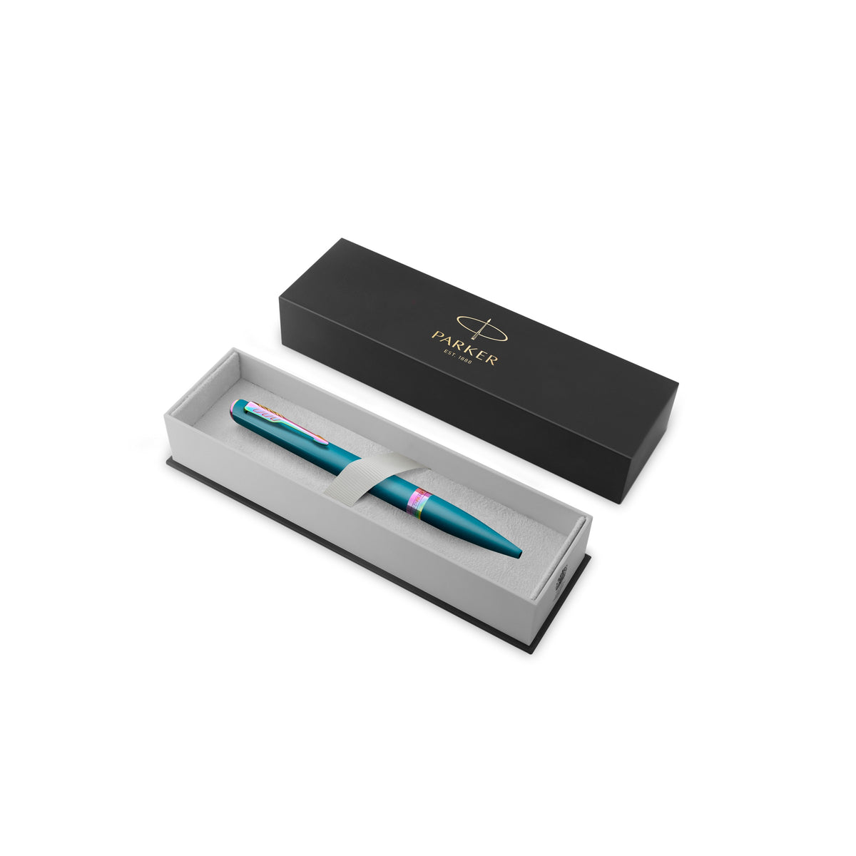 Teal Meridian ballpoint resting in an open black Parker gift box with a grey insert, lid standing behind