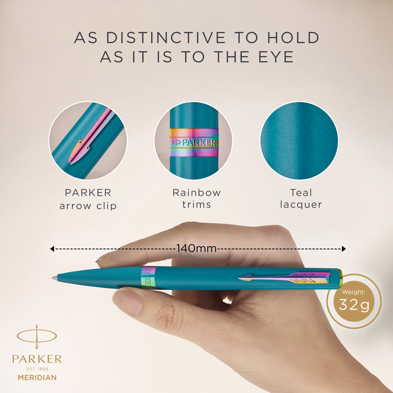 Hand holding the teal Meridian ballpoint with close-ups of the PARKER arrow clip, rainbow trims and teal lacquer, marked 140 mm long and 32 g