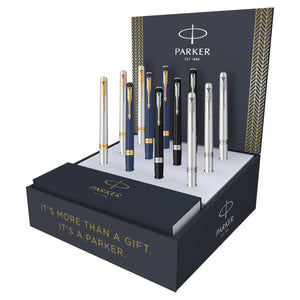 Parker branded counter display unit holding twelve Meridian ballpoint pens in chrome, blue and black, with the line It's more than a gift. It's a Parker. on the front