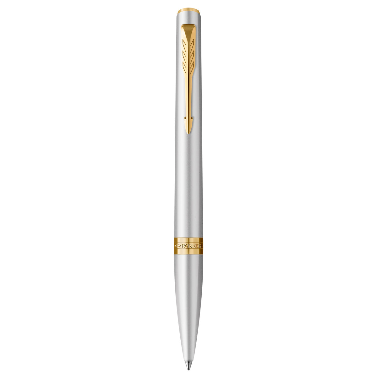 Parker Meridian Chrome Lacquer and Gold Trim Ballpoint Pen standing upright, one of the four finishes included in the CDU1 counter display kit