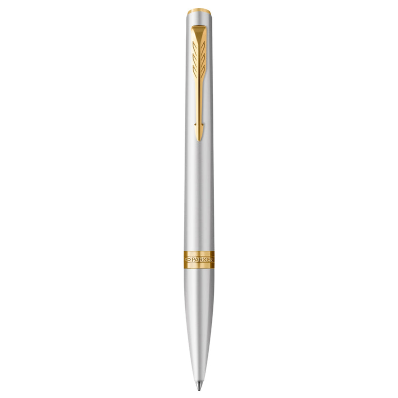 Parker Meridian Chrome Lacquer and Gold Trim Ballpoint Pen standing upright, one of the four finishes included in the CDU1 counter display kit