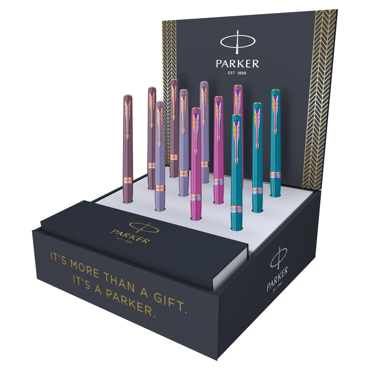 Parker branded counter display unit holding twelve Meridian ballpoint pens in purple, lilac, grape and teal, with the line It's more than a gift. It's a Parker. on the front