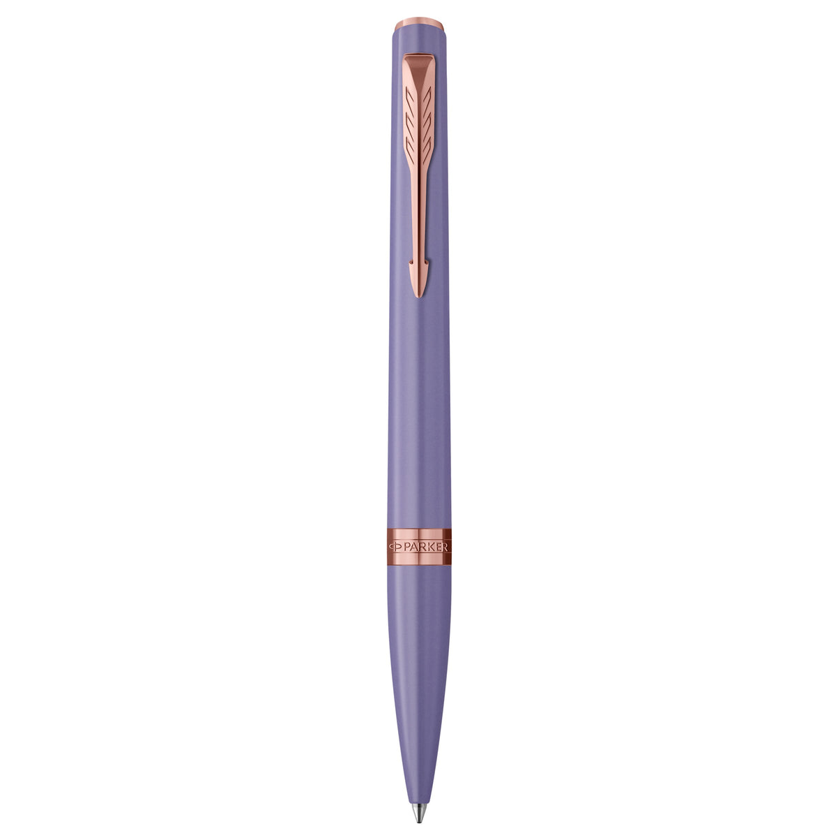 Parker Meridian Lilac Lacquer and Pink Gold Trim Ballpoint Pen standing upright, one of the four finishes included in the CDU2 counter display kit