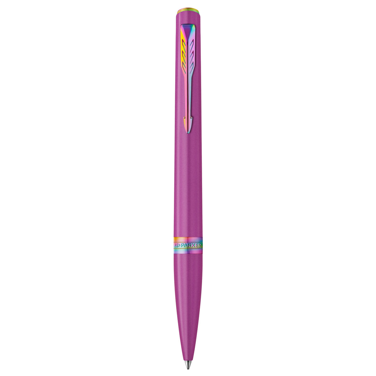 Parker Meridian Grape Lacquer and Rainbow Trim Ballpoint Pen standing upright, one of the four finishes included in the CDU2 counter display kit