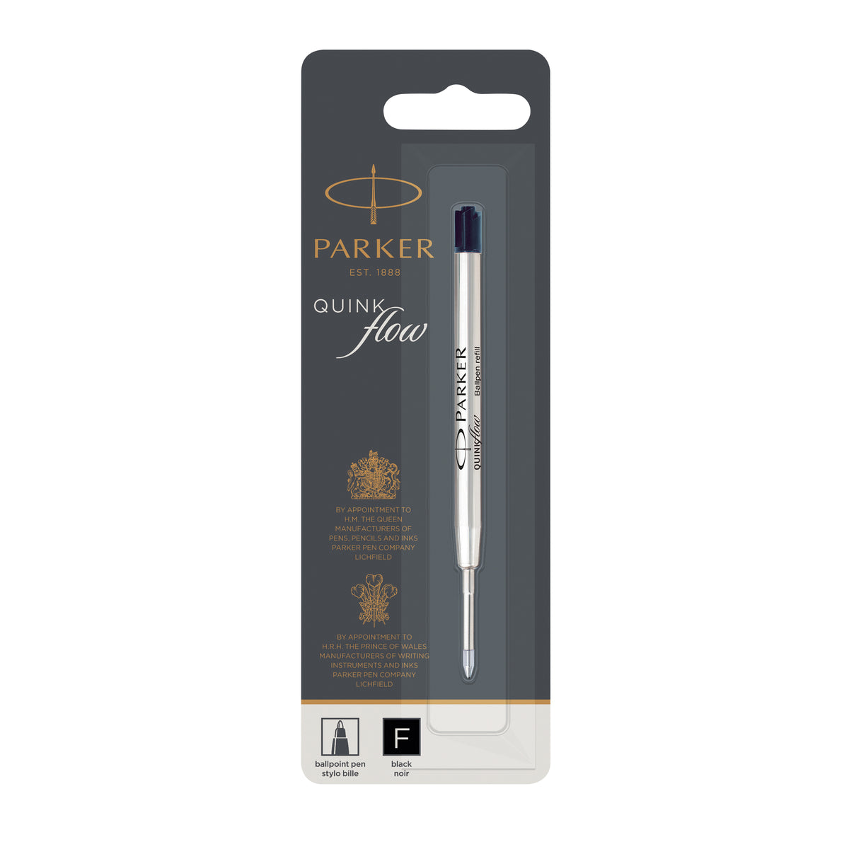Parker QUINKflow ballpoint refill on a grey blister card, black F box at the bottom marking the fine tip