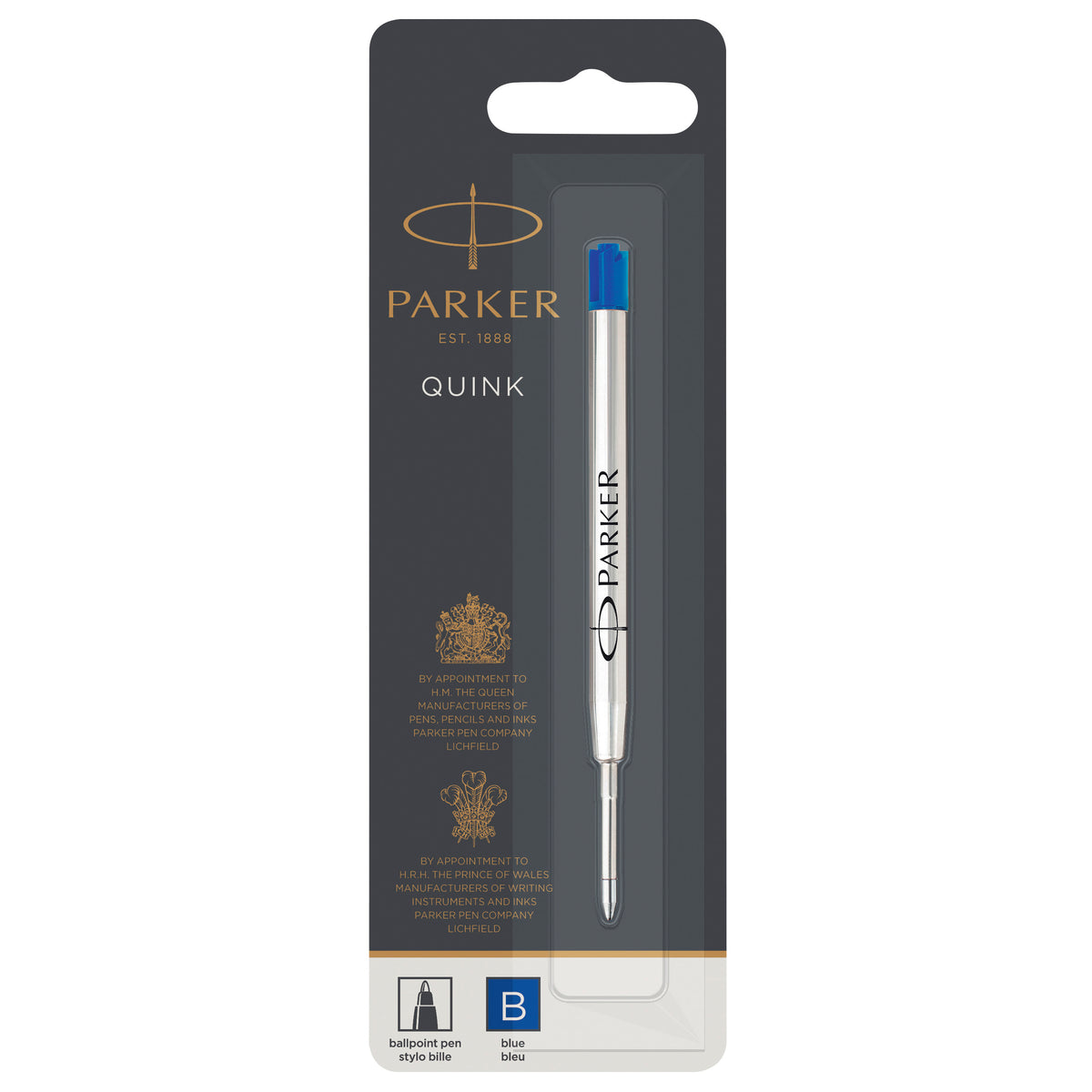 Blue Parker QUINK ballpoint refill on its grey blister card, blue B box at the bottom for the broad tip