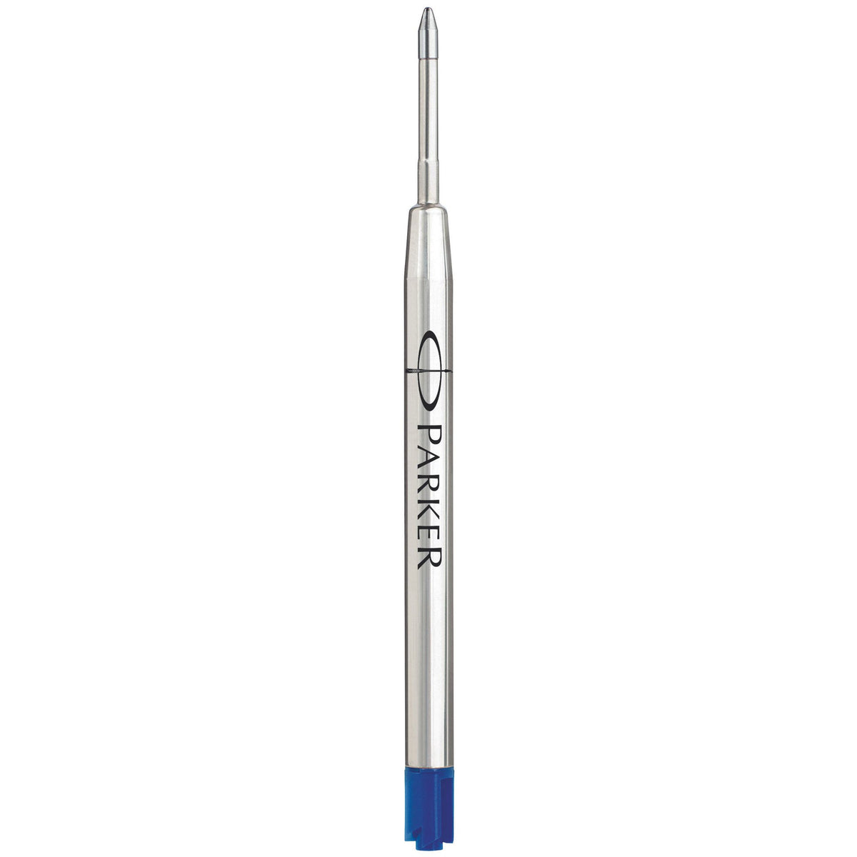 Parker ballpoint refill with a blue end cap at the bottom and the tip at the top, PARKER logo on the body