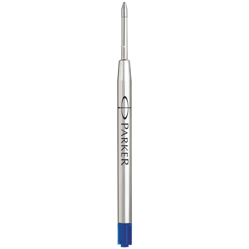 Parker ballpoint refill with a blue end cap at the bottom and the tip at the top, PARKER logo on the body