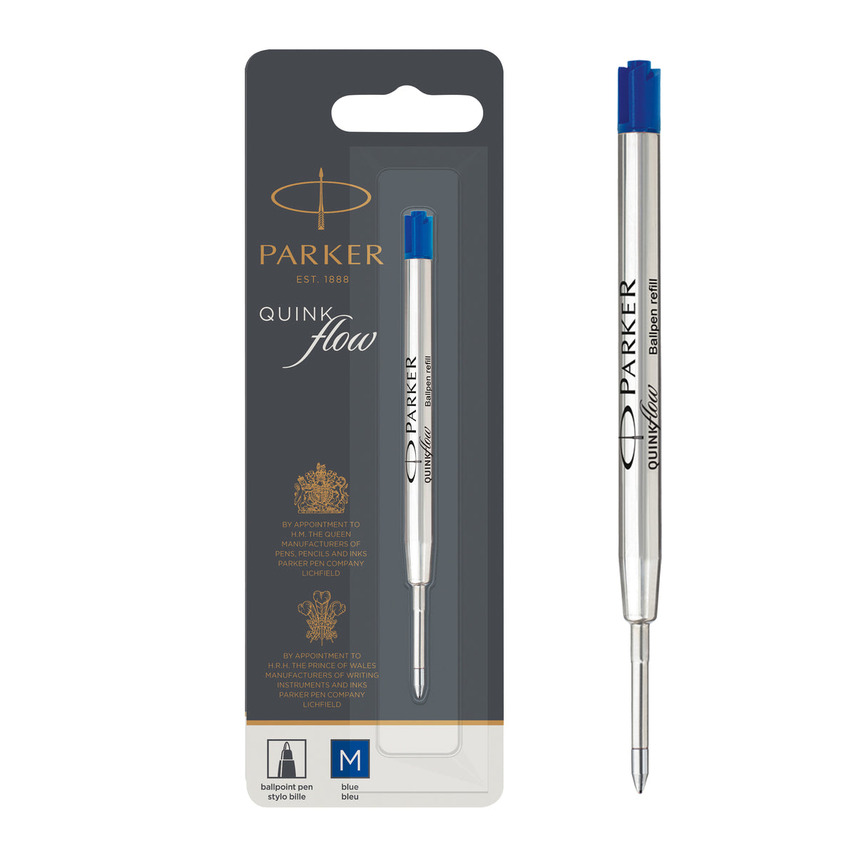 Parker QUINKflow blue medium refill in its blister card with the M box, loose refill standing alongside