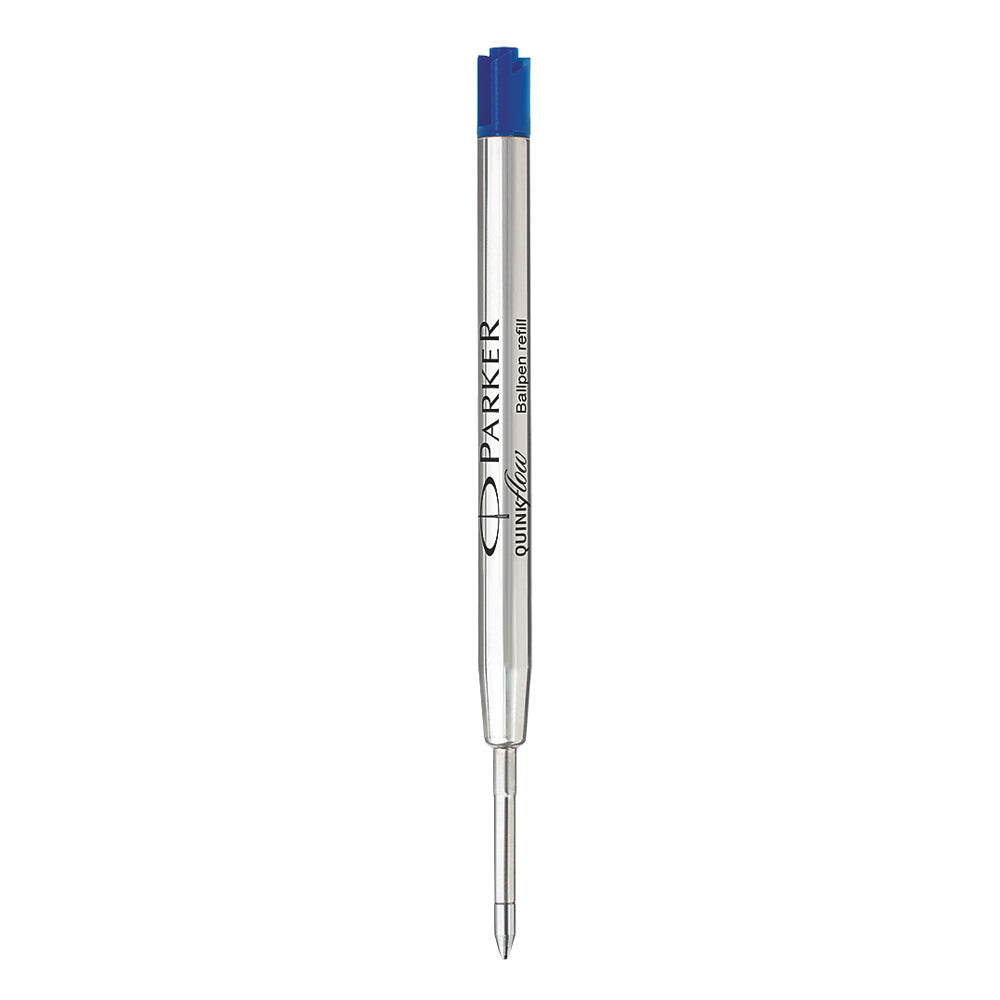 Single Parker QUINKflow ballpoint refill with a blue cap and a fine steel writing tip, on white