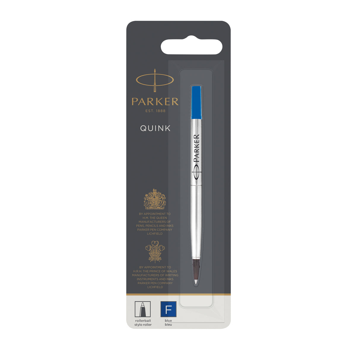 Blue Parker QUINK rollerball refill on a grey blister card, blue F box for the fine tip
