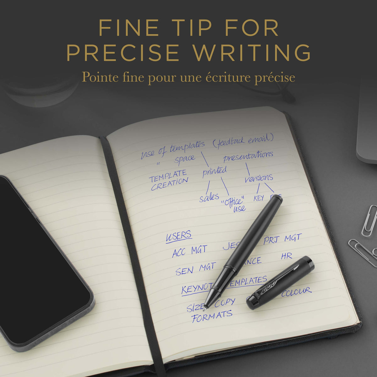 FINE TIP FOR PRECISE WRITING over a black Parker pen on an open notebook of blue notes