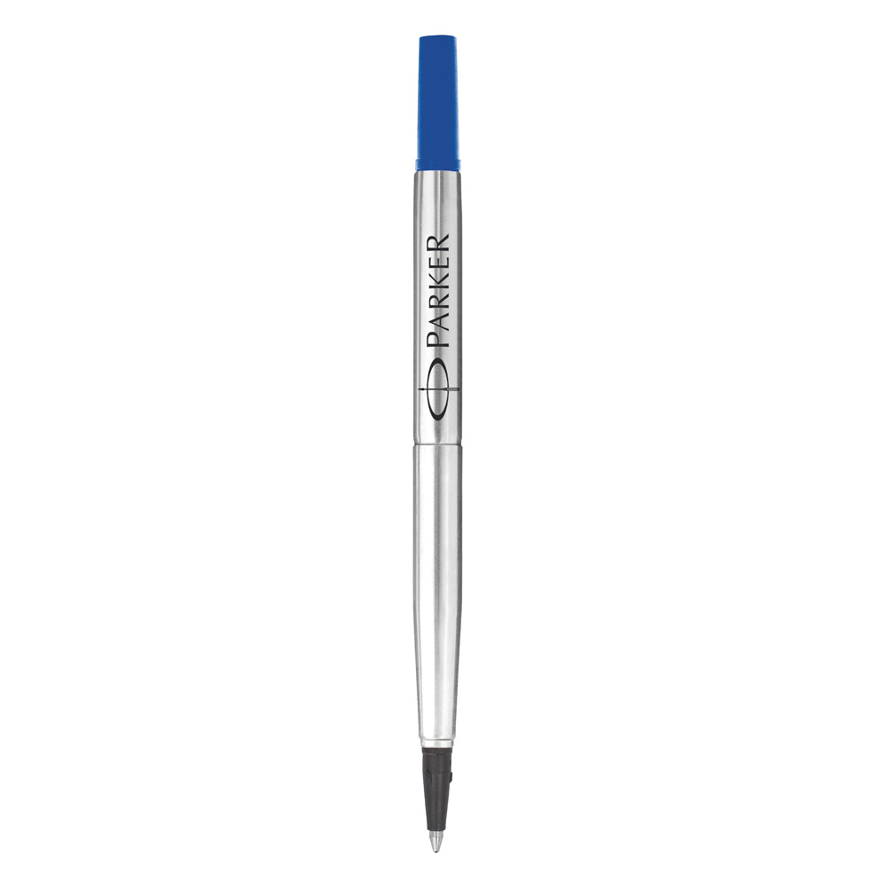 Blue Parker rollerball refill standing upright, silver barrel with the Parker logo and a blue cap