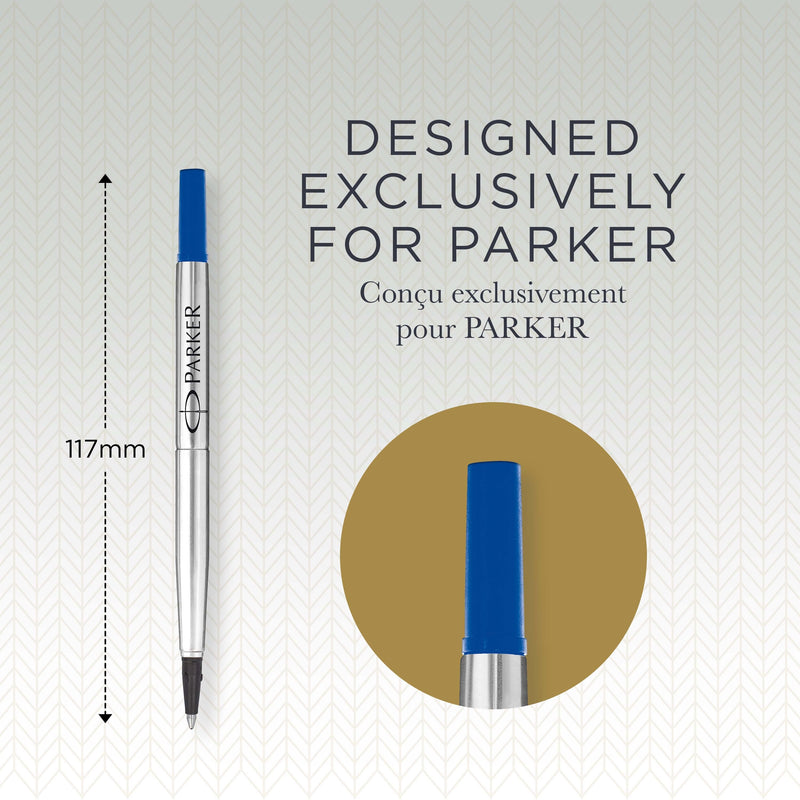 Blue Parker rollerball refill with a 117mm measuring line and a gold close-up circle of the cap