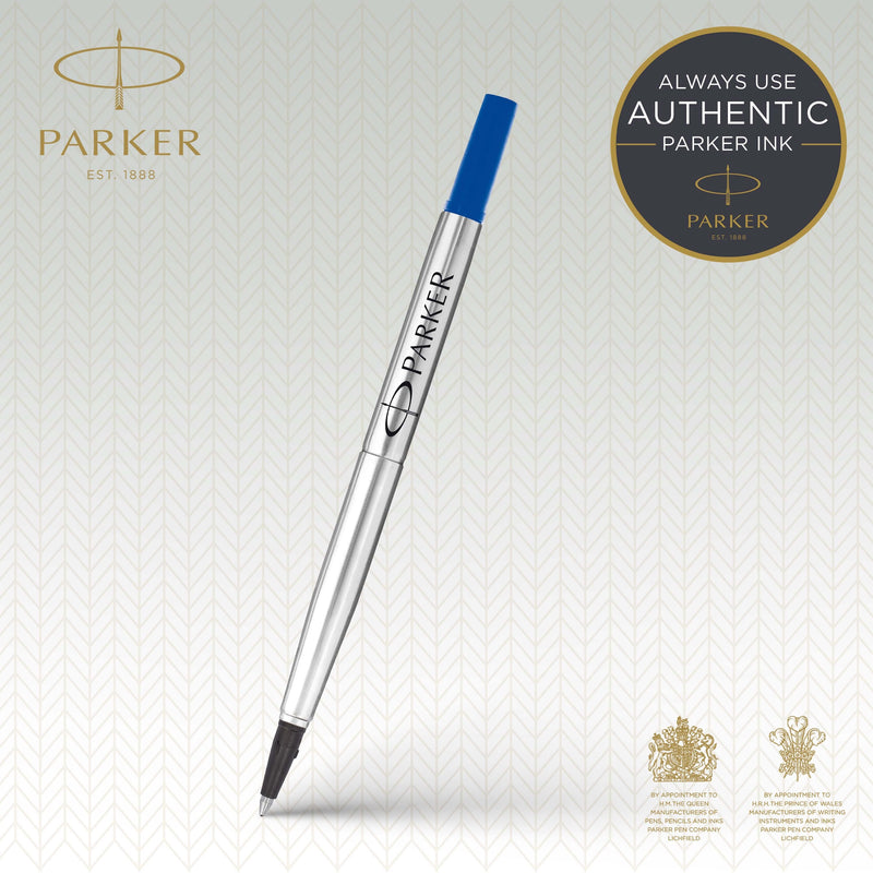 Angled blue Parker rollerball refill next to an ALWAYS USE AUTHENTIC PARKER INK badge