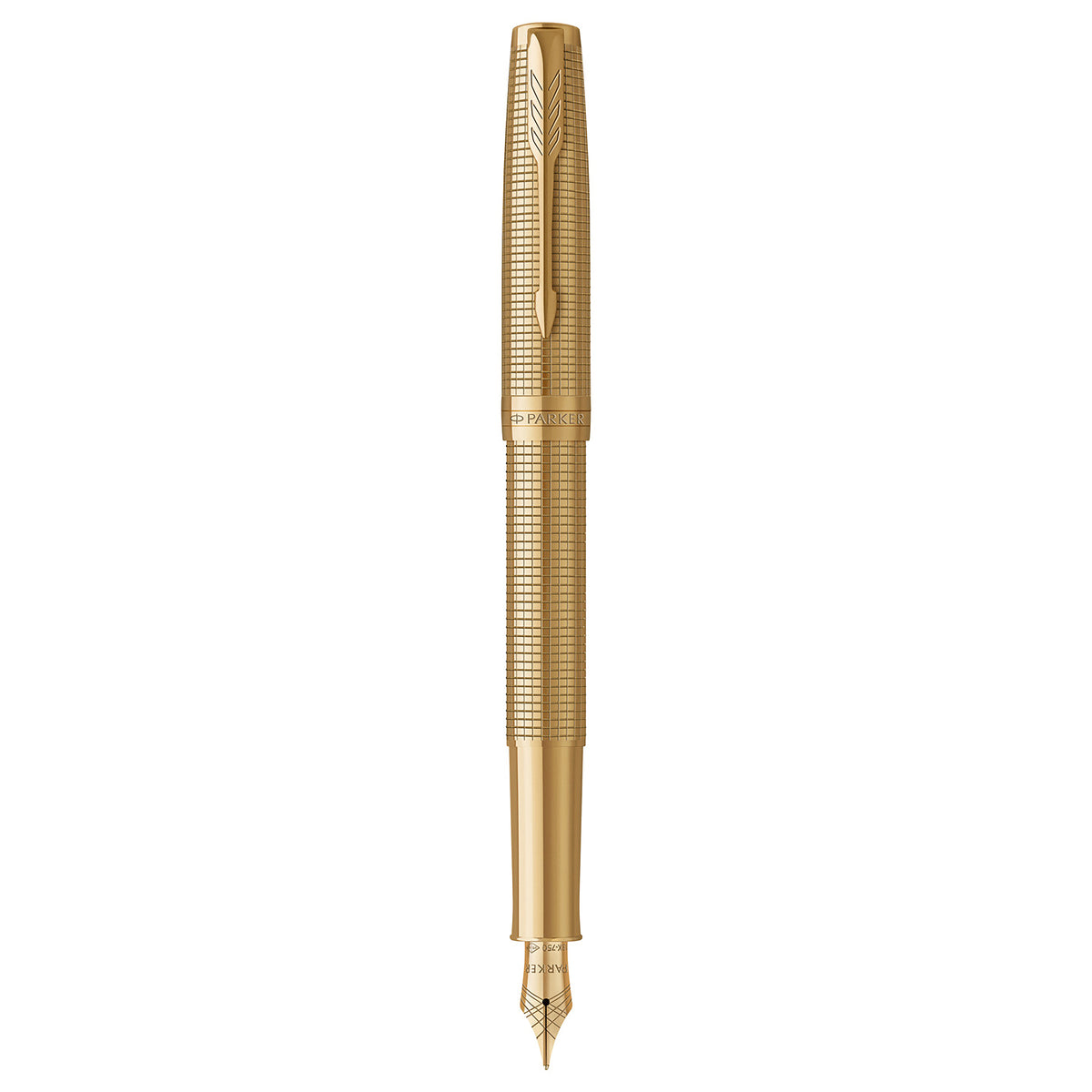 Parker Sonnet Ciselé Special Edition fountain pen in gold standing uncapped, fine gold nib pointing down