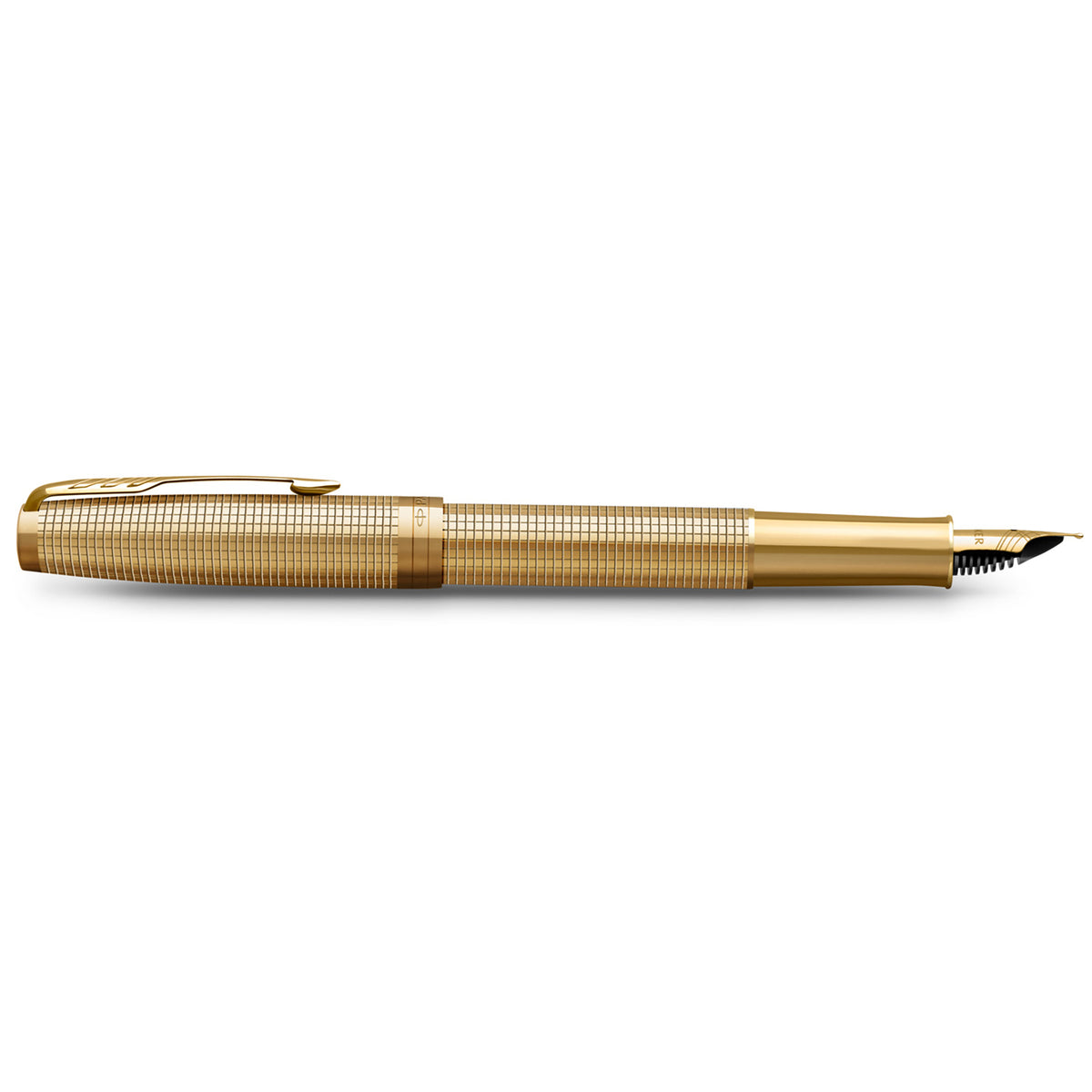 Side view of the gold Ciselé fountain pen with the cap posted and the nib facing right