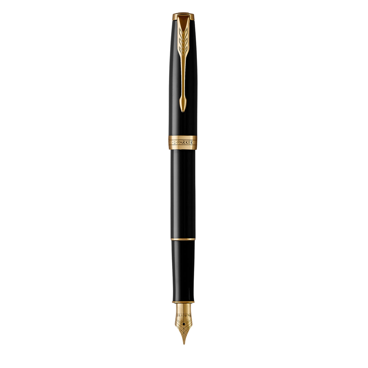 Parker Sonnet fountain pen in black lacquer standing uncapped, gold clip, gold rings and a gold-toned medium nib
