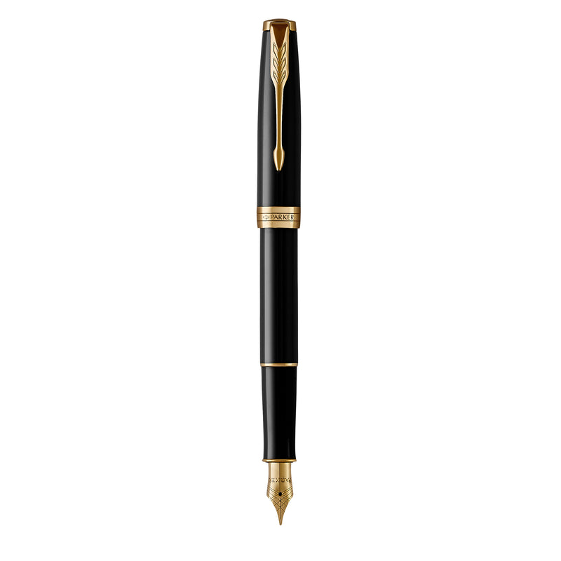 Parker Sonnet fountain pen in black lacquer standing uncapped, gold clip, gold rings and a gold-toned medium nib