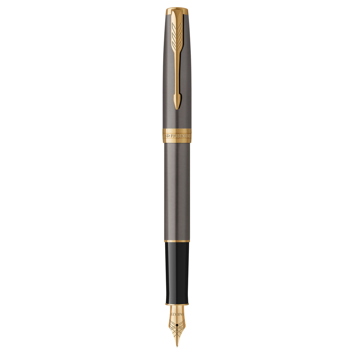Parker Sonnet fountain pen in grey lacquer standing uncapped, gold trims, black section and gold-coloured nib