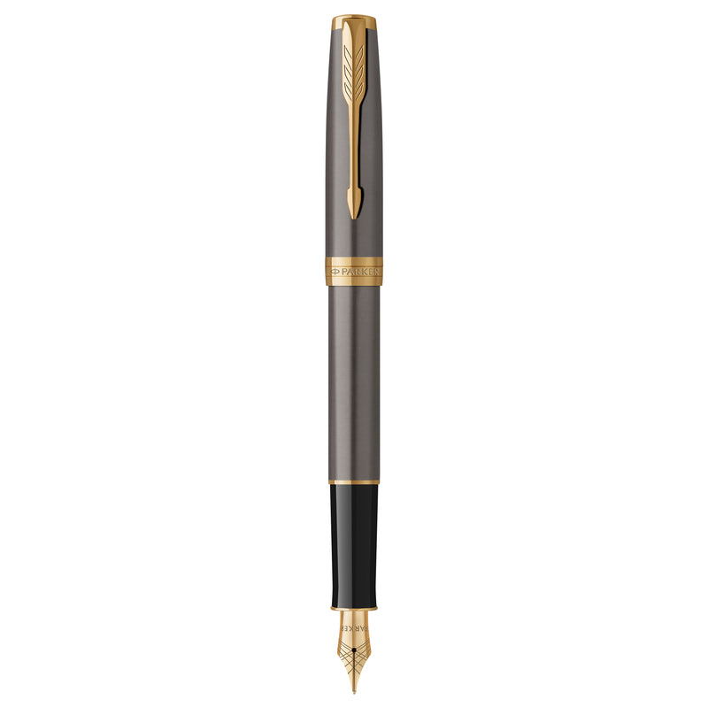 Parker Sonnet fountain pen in grey lacquer standing uncapped, gold trims, black section and gold-coloured nib