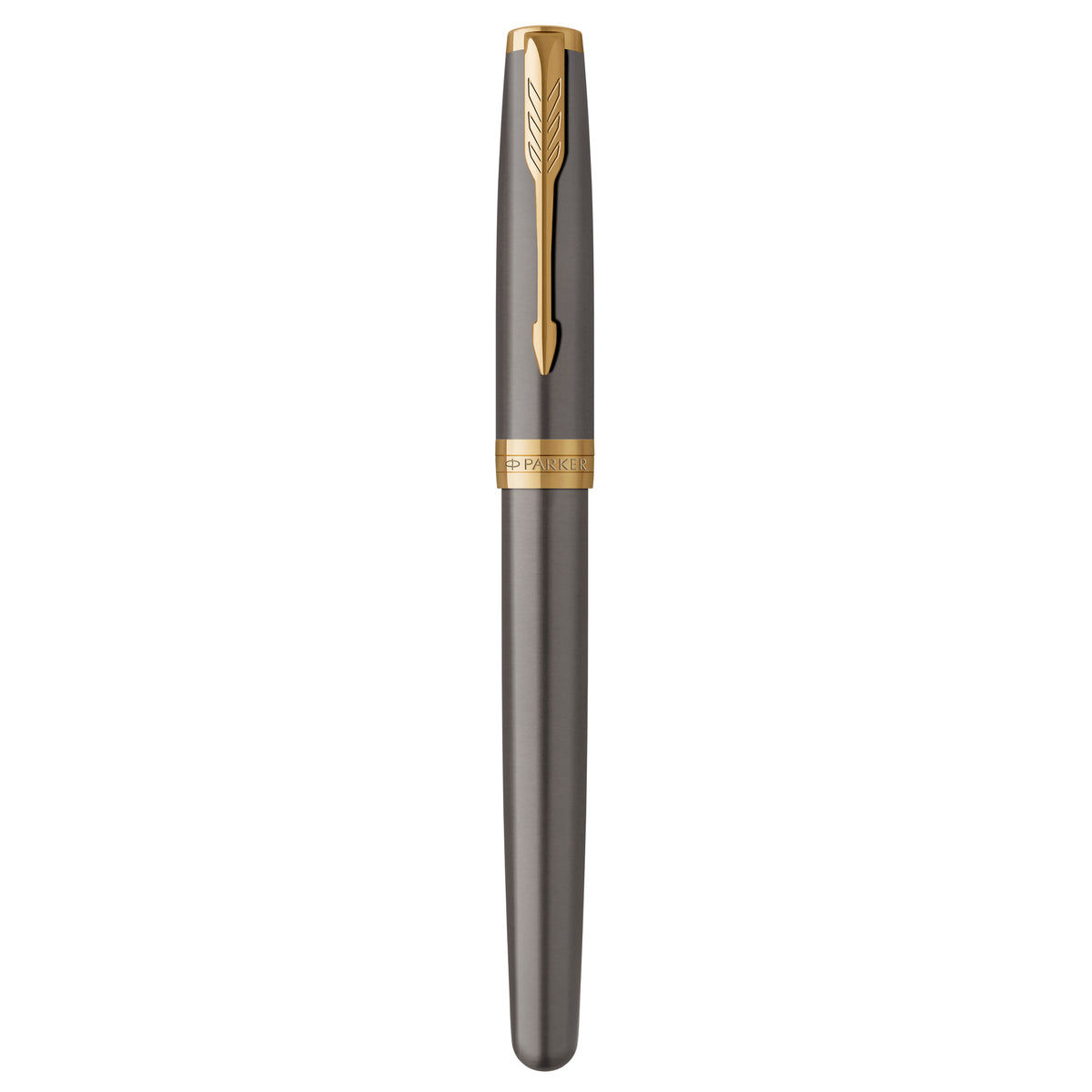 Grey lacquer Sonnet fountain pen standing capped with a gold arrow clip and gold cap band