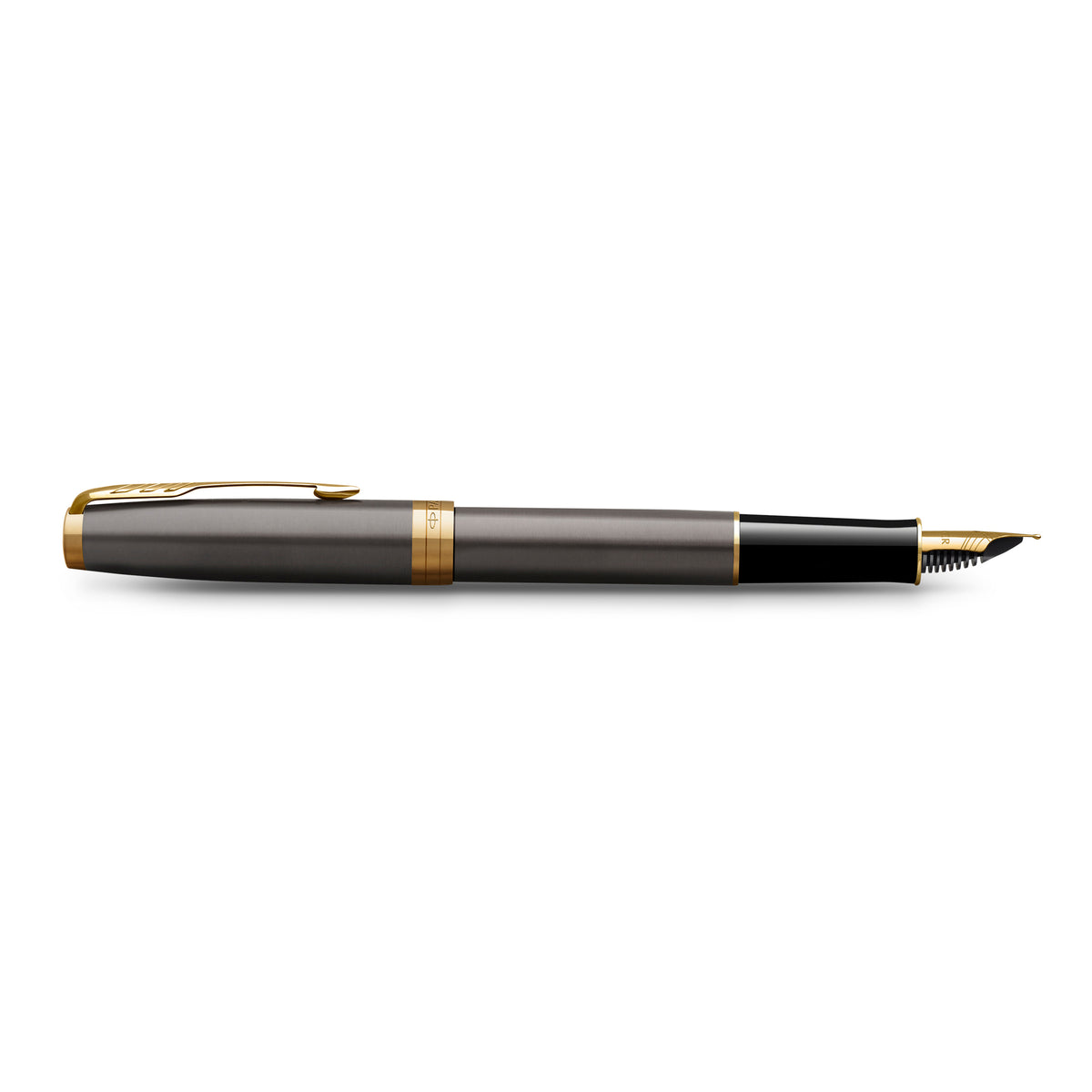 Side view of the grey Sonnet fountain pen with the cap posted and the nib facing right