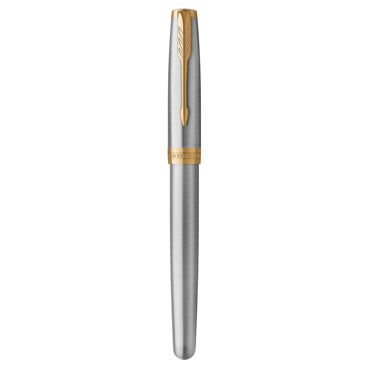 Stainless steel Sonnet fountain pen standing capped, gold arrow clip and gold cap band